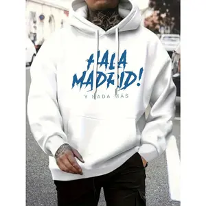 Ultimate Comfort Men's Casual Lined Hoodie HALA MADRID Bold Letter Print Regular Fit Long Sleeves Kangaroo Pocket Classic Cotton Blend Tops for Fall Winter