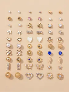 30 Pairs Fashion Elegant Rhinestone Decorated Bow Heart Leaf Design Stud Earrings, Daily Casual Versatile Accessories For Women & Girls, Matching Jewelry