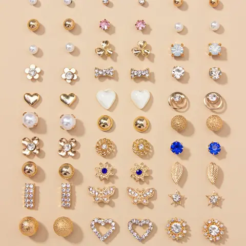 30 Pairs Fashion Elegant Rhinestone Decorated Bow Heart Leaf Design Stud Earrings, Earring Set, Daily Casual Versatile Accessories For Women & Girls, Matching Jewelry, Stud Earring Pack