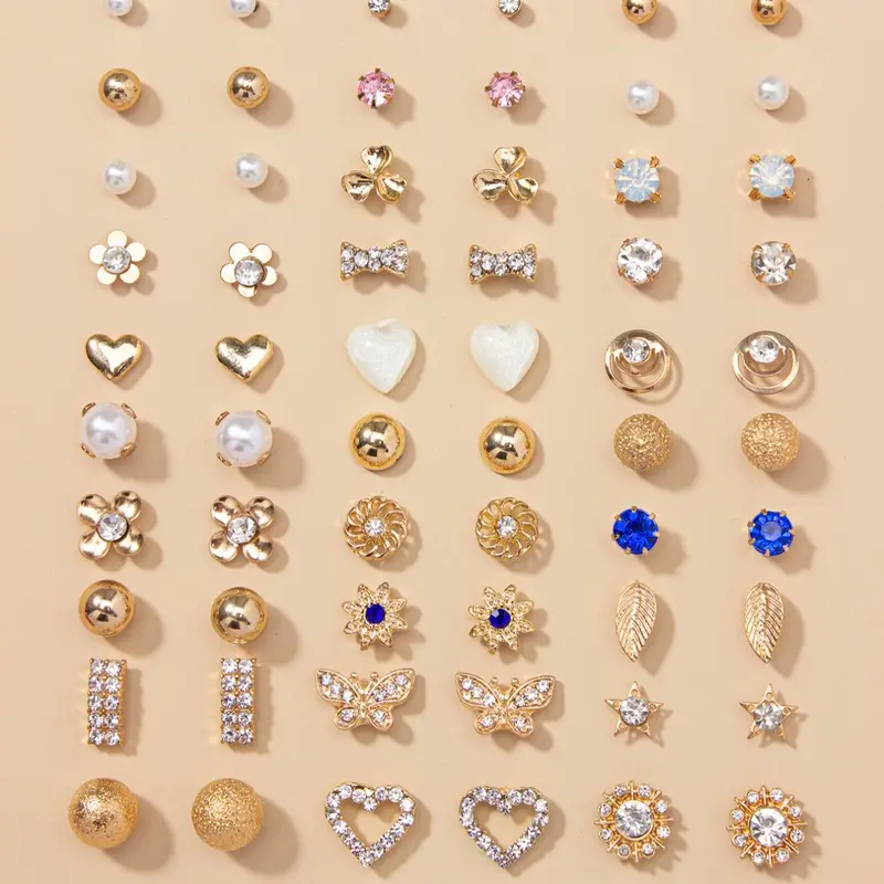 30 Pairs Fashion Elegant Rhinestone Decorated Bow Heart Leaf Design Stud Earrings, Earring Set, Daily Casual Versatile Accessories For Women & Girls, Matching Jewelry, Stud Earring Pack