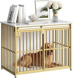 Crate Furniture, 36.6" Heavy Duty  Kennel with Sliding Barn Door, Wooden  Cage Indoor, Decorative Side End Table for Small/Medium Dogs, White and  GD162GW03G1