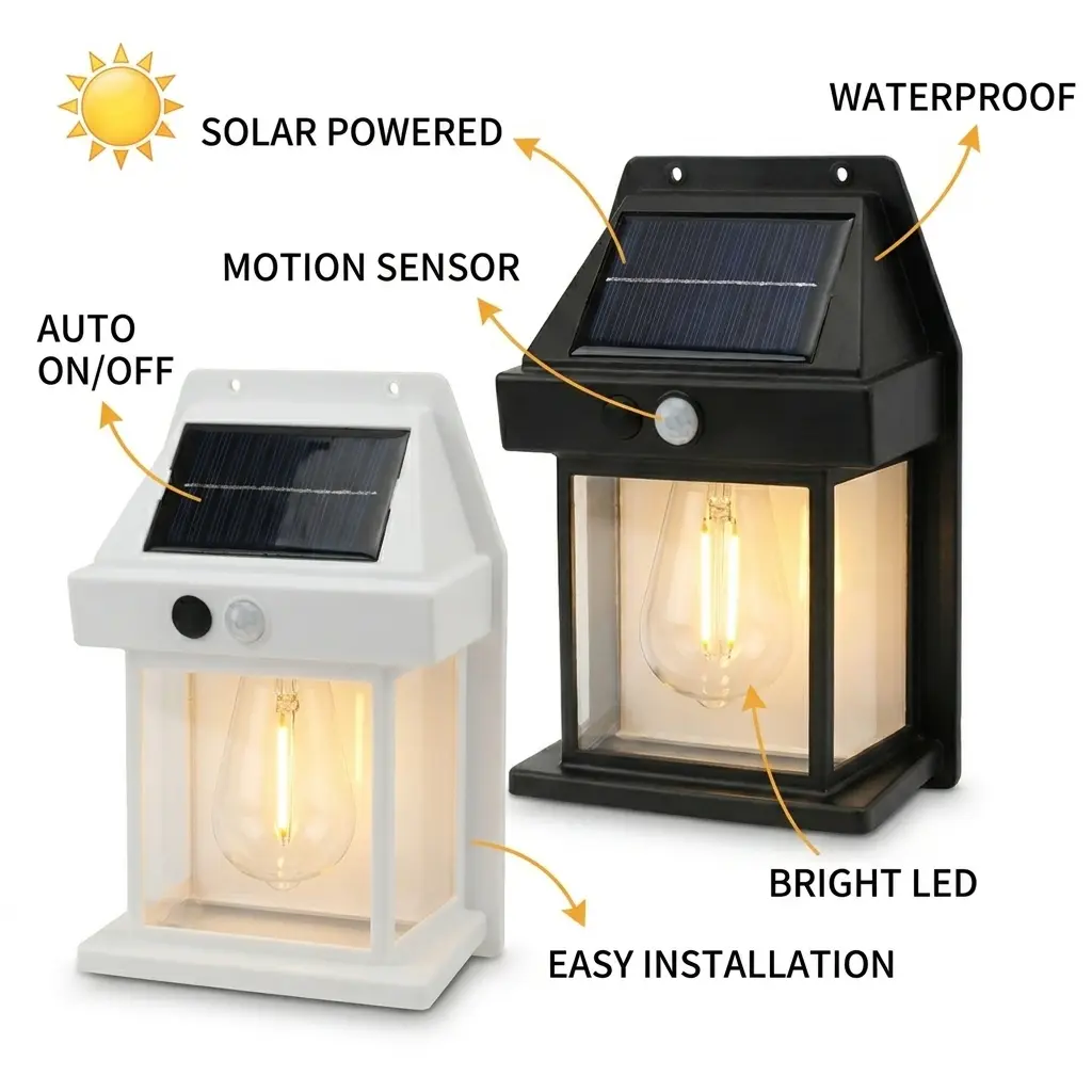 Solar Powered Outdoor Wall Light - Smart PIR Motion Sensor, IP65 Waterproof, Dusk-to-Dawn Auto On/Off, Warm Filament LED Lantern, No Electricity Cost, Easy Wireless Installation, Security Lighting for Garden, Patio
