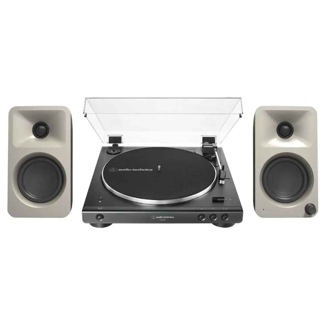 Kanto ORAME 100W Powered Reference Desktop Audio Speakers (Moon) Bundle with 60XBT-BK Fully Automatic Belt-Drive Stereo Turntable, Amplifier, Computer Stereo Sound, USB Type-C Compatibility for PC & Laptop