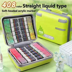 Guangna 408 Color Acrylic Markers Set, Detachable Hard Case, Soft Brush Tip, Smooth Ink Flow, Professional Art Supplies, Multi-Material Use