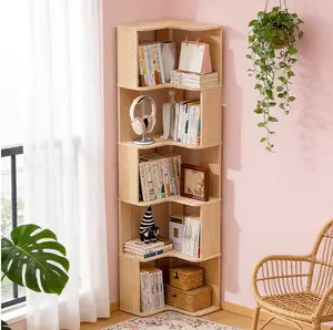 L-Shaped Corner Bookshelf with 3/5 Shelves, Made of Solid Wood, Designed to Stand on The Floor. This Space-Efficient Storage Rack in a Light Brown End Is Ideal for Books, Decor, And More, And Is Easy to Assemble, Standing Shelf