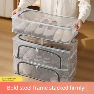 2 Pack - No Assembly Required Shoe Storage Box (Foldable) – Clear Steel Frame Boot Box for Under-Bed Storage, Dustproof & Stackable Organizer for Home