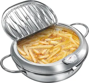 Deep Fryer Pot, 4.4Qt /11 Inch Japanese Style Small Deep Fryer 304 Stainless Steel, with Temperature Control and Oil Drip Drainer Rack, Deep Frying Pot with Lid