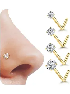 4 Pcs 20G Nose Studs Gold Filled Nose Rings 1.5/2/2.5/3mm Round Cubic Zirconia Bone Straight Screw L Shaped Nose Stud Gold Nose Piercings Jewelry