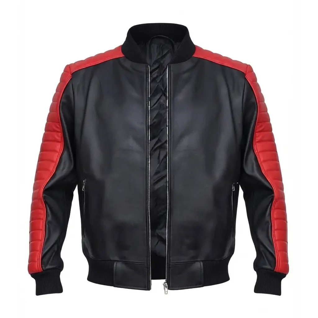 Men's Black Red Genuine Leather Jacket Motorcycle Biker Style Zip-Up Bomber Jacket