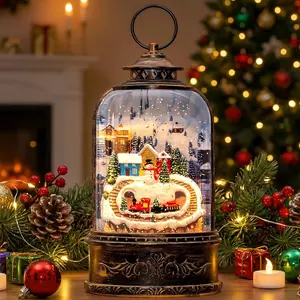 Christmas Village Snow Globe Lantern Musical Lighted Mountain Village Snowman & Train Water Lantern with Swirling Glitter Holiday Decorations Gifts for Family Children or Friends