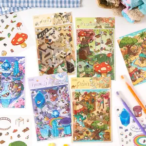 4 three dimensional miniature house scene stickers Houses, miniature scene theme Vintage style PET white card double material Self adhesive DIY journal decoration scrapbook stationery stickers