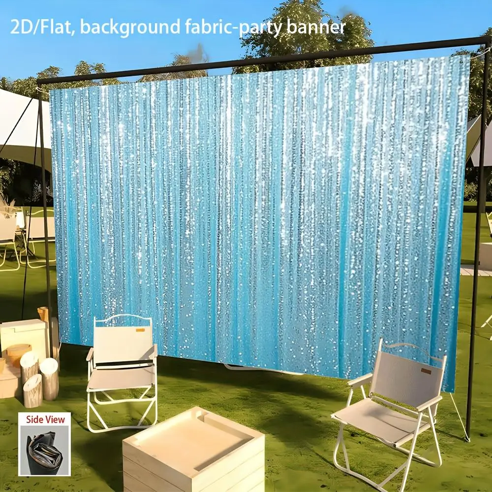 2D Flat Shimmering Blue Sequin Curtain - Sparkling Polyester Fabric Party Banner, Party Decoration Supplies, Birthday Home Wedding Backdrop Panels