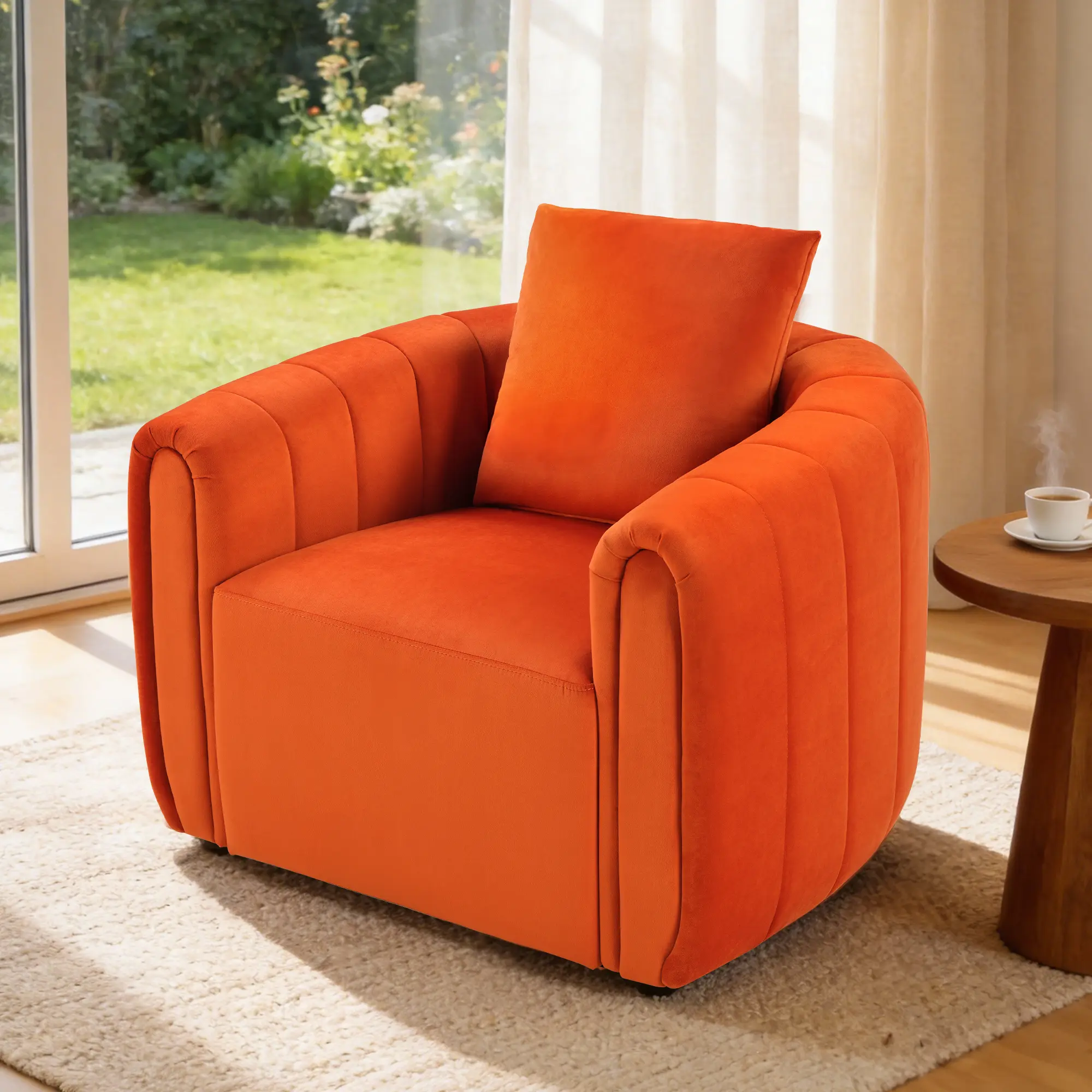 [memorialday] EBELLO Vibrant Orange Swivel Chair - Modern Velvet Accent Chair for Spring Refresh, Instagram-Worthy Living Room Decor, Sturdy Metal Base