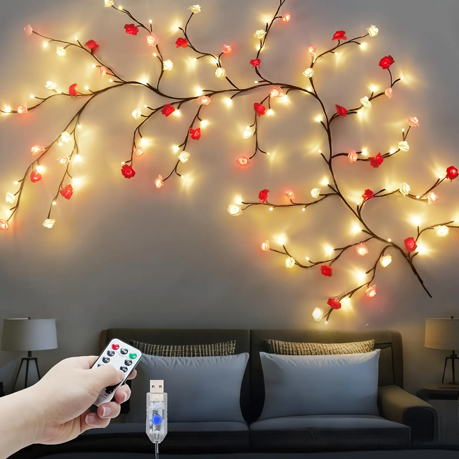 Whimsical Pink Cherry Blossom Fairy Lights - 96/144-LED Flexible Vine Light String, 90.55-in Woven Branch Strip, 8 Modes Indoor Room Decor, Aesthetic Living Room Decor, Rose Lamp