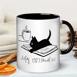 11oz My Cat-titude Coffee Mug - Cute Black Cat Reading a Book 11oz Ceramic Mug, Two-Tone Coffee Cup, Perfect for Cat Lovers, Coffee Drinkers, Office, Home, Birthday Gift for Her, Him, Cat Mom, Cat Dad.