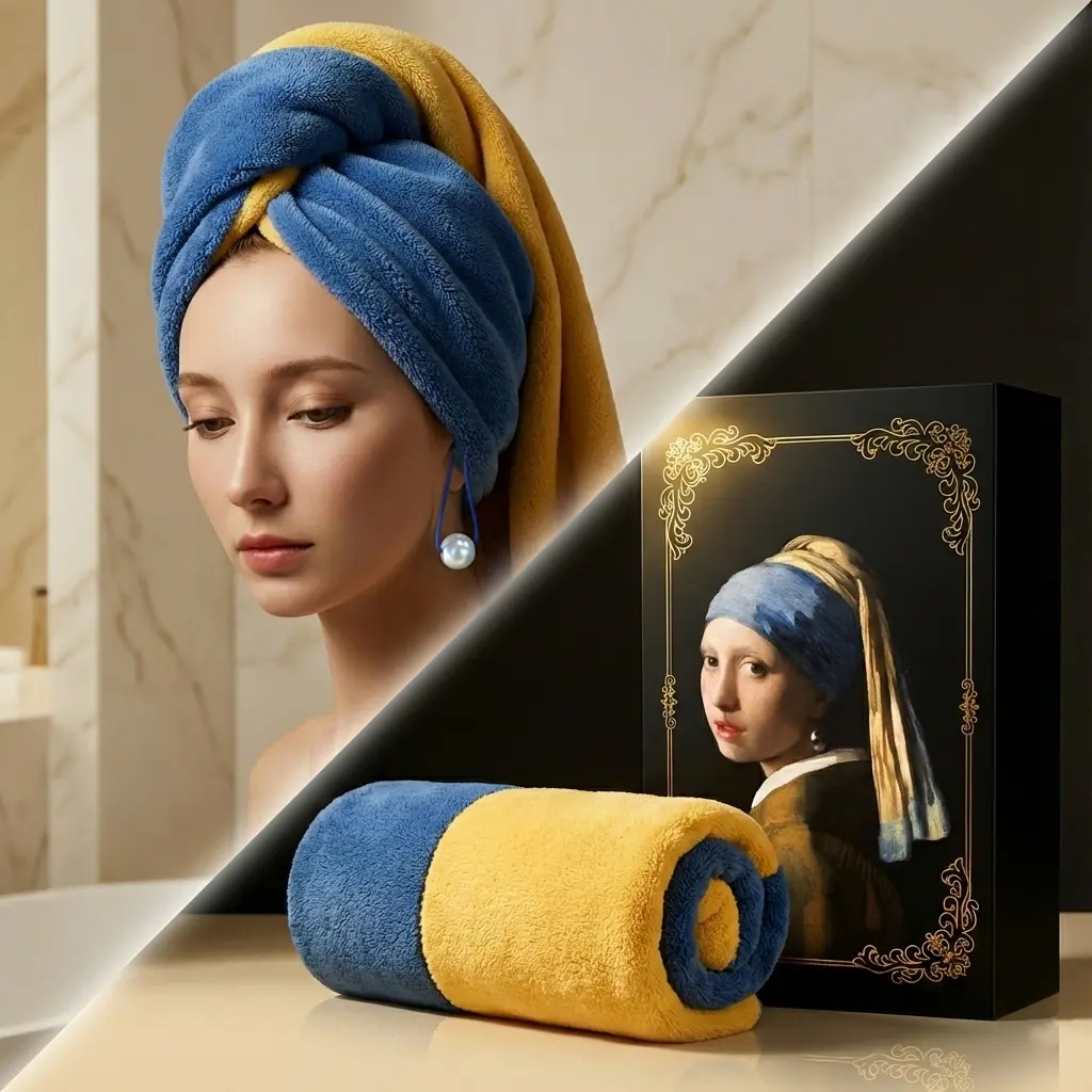 Girl with a Pearl Earring Hair Towel Wrap - Luxury 230g Microfiber Hair Turban with Pearl Button - Super Absorbent Art Gift Box for Women & Girls - Fast Drying Quick Dry Hair Care