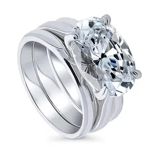 BERRICLE Sterling Silver Solitaire East-West Engagement Rings Statement Stackable Band for Women, 5.5 Carat Oval Cut Cubic Zirconia CZ Ring Set