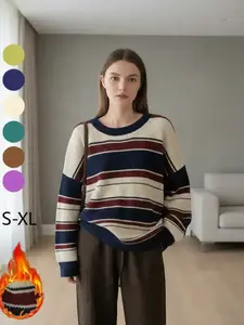 Women's Colorblock Striped Print Drop Shoulder Sweater, Casual Long Sleeve Round Neck Jumper Fit for Fall & Winter, Fashion Ladies' Knitwear for Daily & Everyday Wear