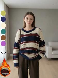 women's colorblock striped print drop shoulder sweater, casual long sleeve round neck jumper for spring & winter, fashion ladies' knitwear for daily wear, trending clothing women