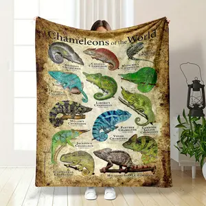 Chameleons of the World Themed Blanket This blanket features 15 distinct chameleon species with detailed illustrations and their scientific and common names, showcasing the diverse colors and forms of