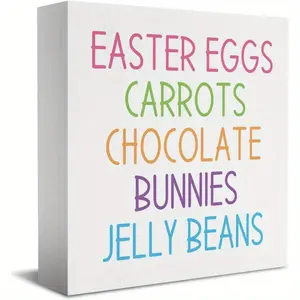 Farmhouse Spring Easter Egg Wooden Box Sign Easter Bunny Sign Desk Decor Easter Decorations Rustic Decorative Wood Block Plaque for Home Cubicle Living Room Shelf Bedroom Tiered Tray Bunny Deco 5x5 inch