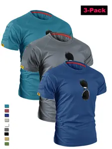 3-Pack Men's Retro Quick Dry Round Neck Short Sleeve T-Shirt, Lightweight Tactical Sports Tee with Pockets, Breathable Athletic Top for Workout Running Cycling, Casual Fashion, Summer Outdoor Shirts