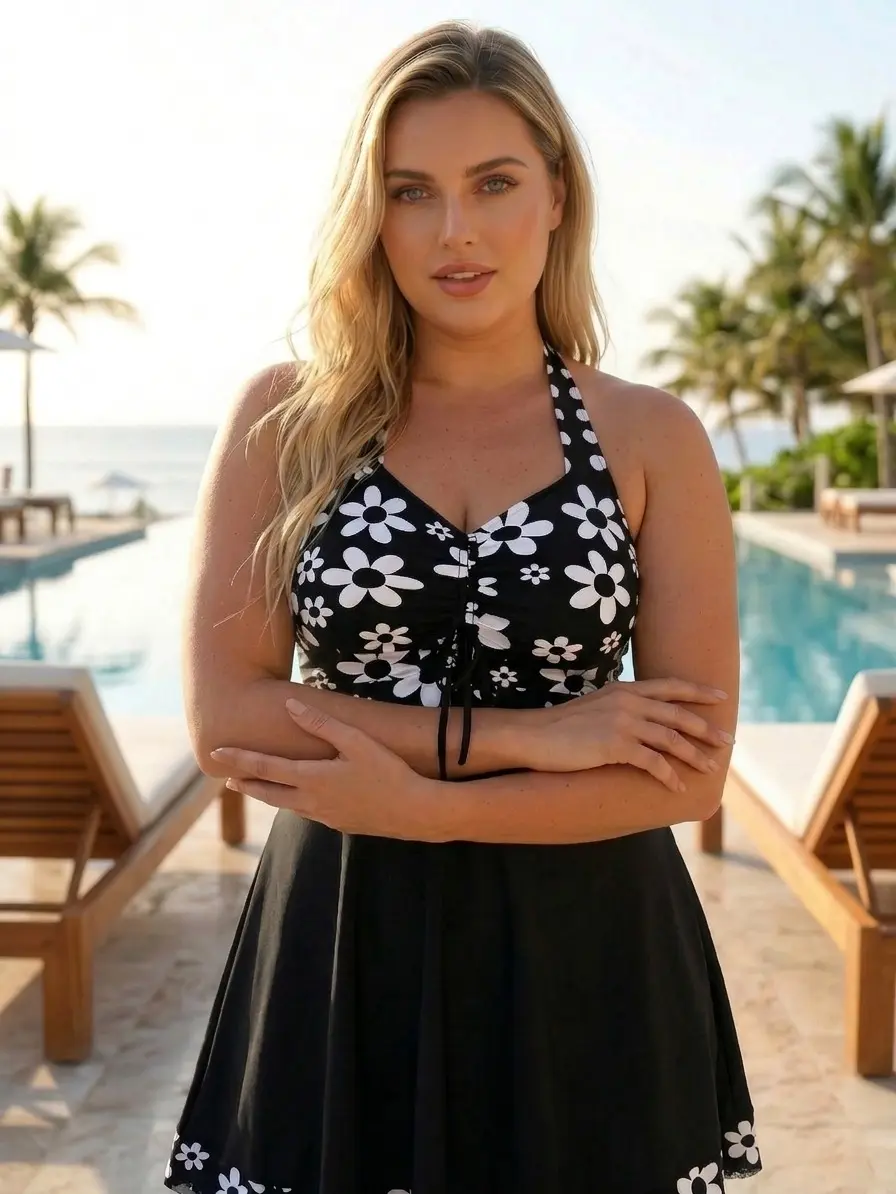 Women's Black White Floral Halter Tankini Dress Swimsuit - Drawstring, Ruched Tummy Control, Modest Beach Bathing Suit for Swimwear Enthusiasts, Swimsuits, Tankini Swimsuits