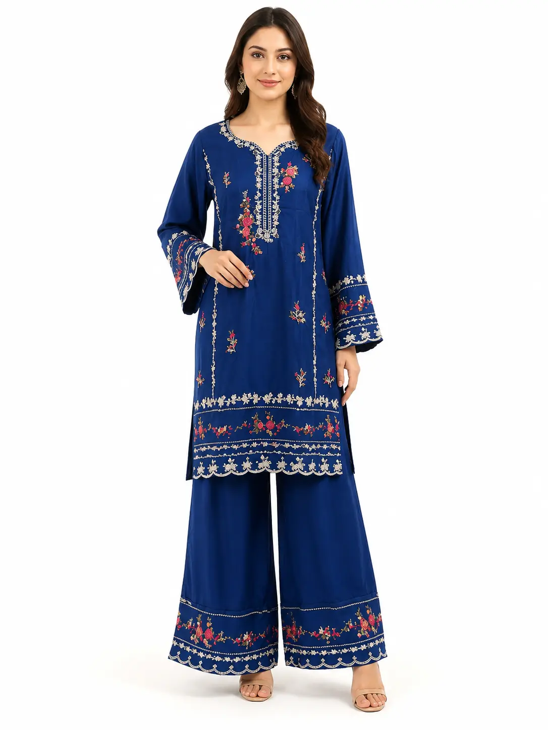 Women's Embroidered Silk Kurta Set - Breathable Fabric, Elegant Full Length Top, Matching Palazzo, Relaxed Fit Traditional Party Wear