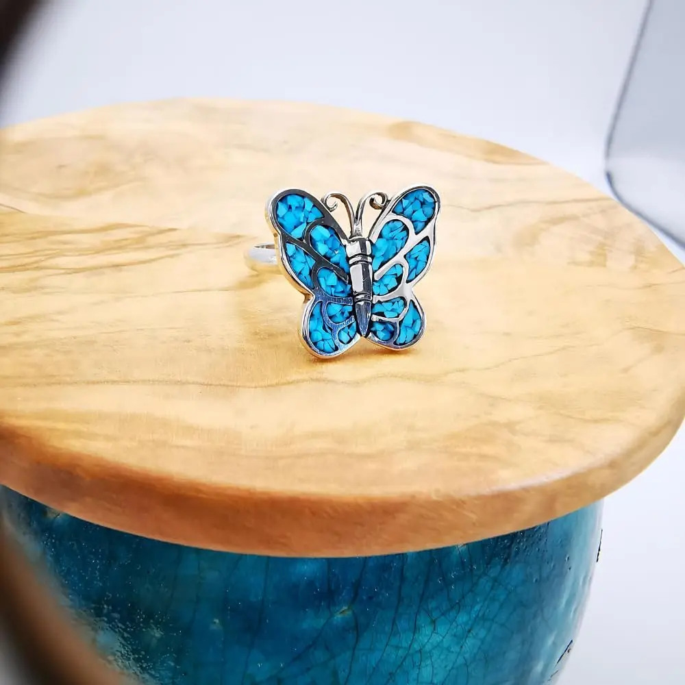 Vintage Turquoise Inlaid Butterfly Ring - Size 7