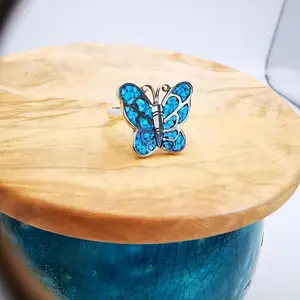 Vintage Turquoise Inlaid Butterfly Ring - Size 7