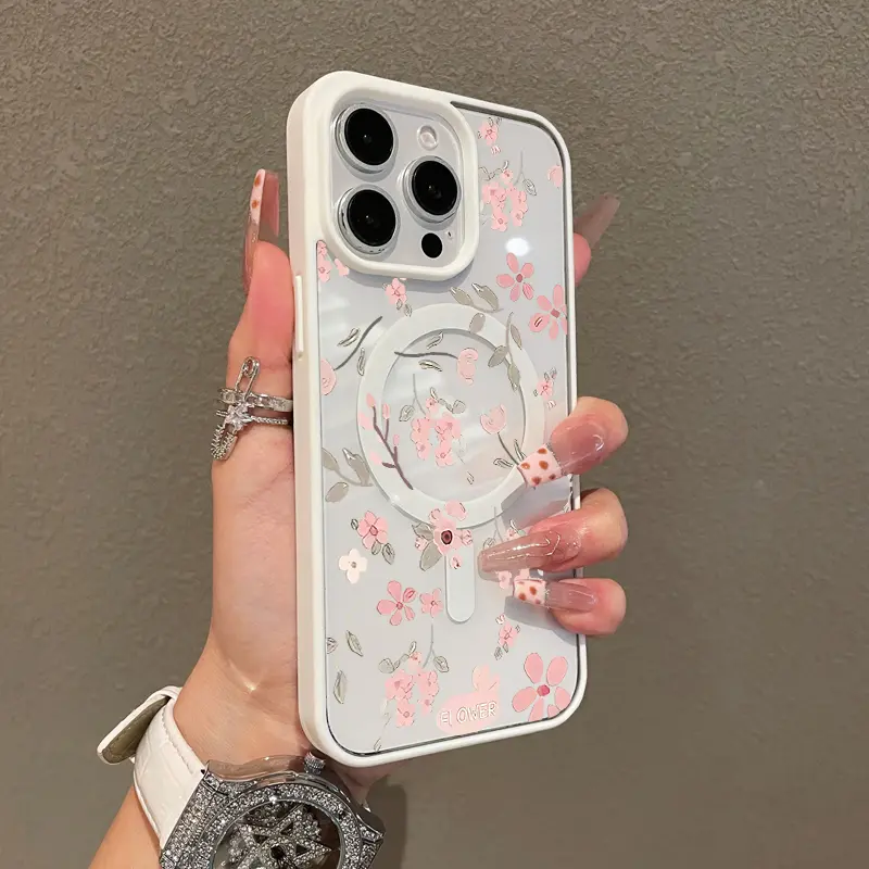 Magnetic Compatible Case for iPhone 17 16 E Pro Max 15 Plus 14 13 12 11 XS XR, Dainty Pink Flowers Aesthetic Print |   Shockproof, Silicone, Lightweight, Scratch Resistant, and Trendy Protection