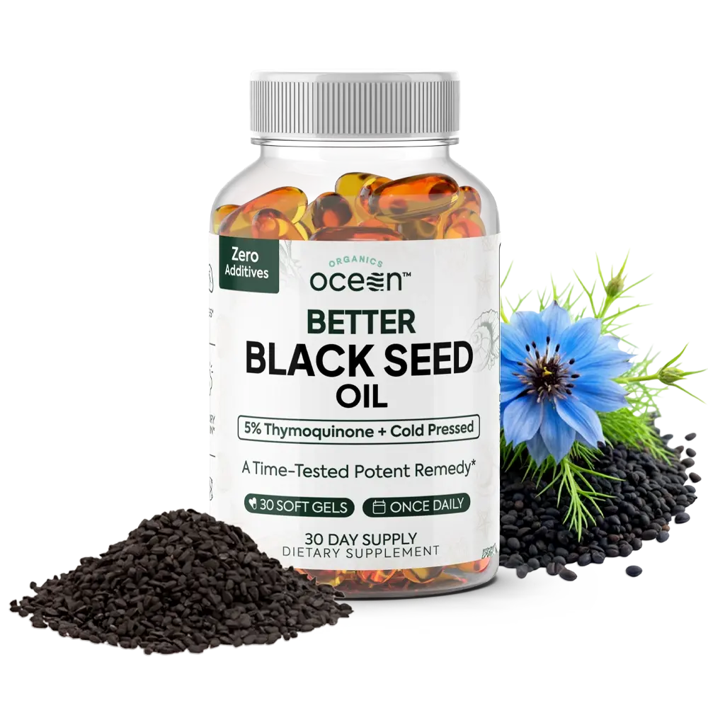 Organics Ocean Better Organic Black Seed Oil Cold Pressed - Pure Nigella Sativa Oil for Immune Support - 5% Thymoquinone - Support Memory, Vitality, and Cellular Health