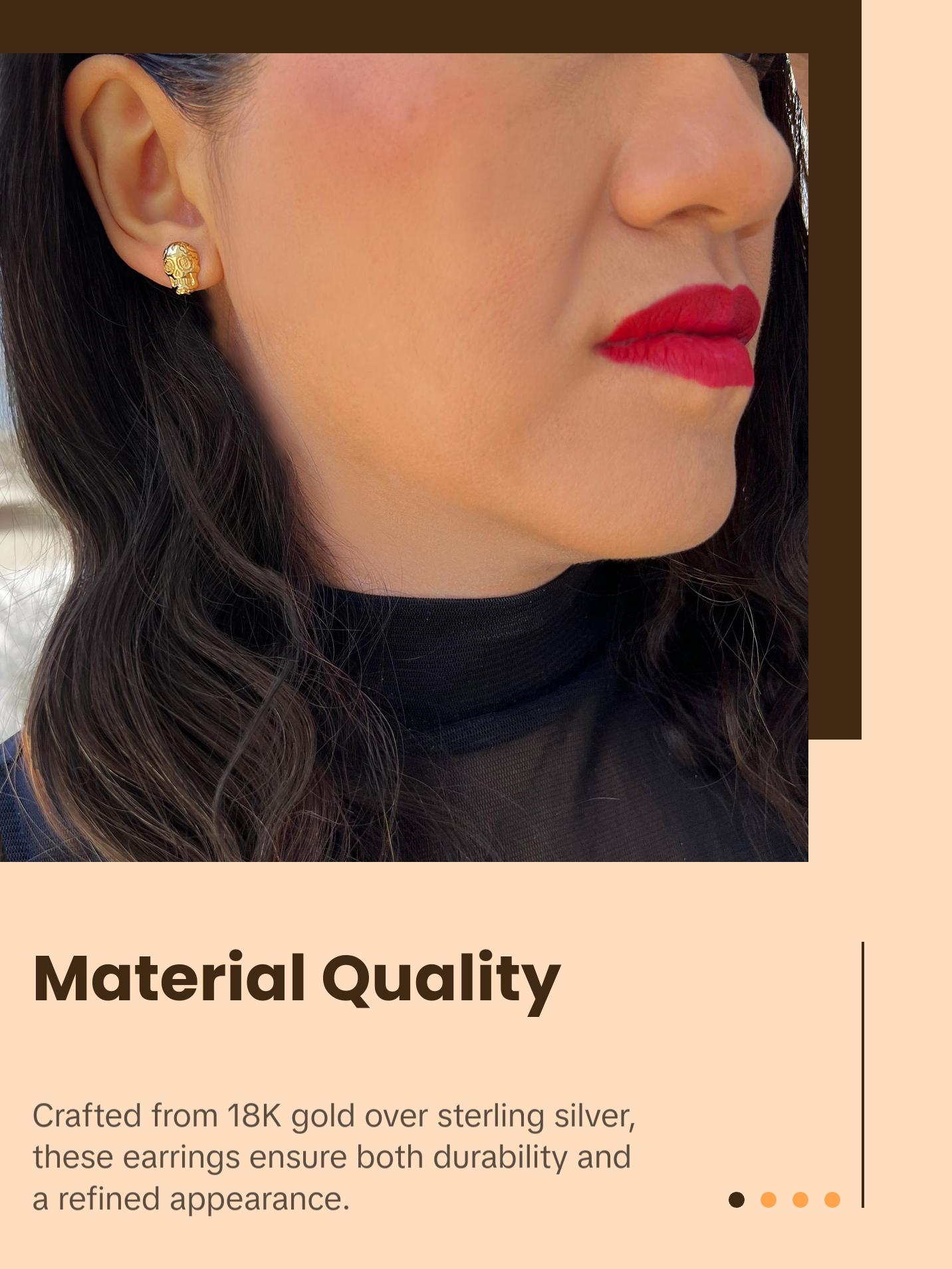 SONIA HOU Day of the Dead Skull Stud Earrings - 18K Gold Over Sterling Silver | S925 Dia De Los Muertos Chic Fashionable Exquisite Fashion Design