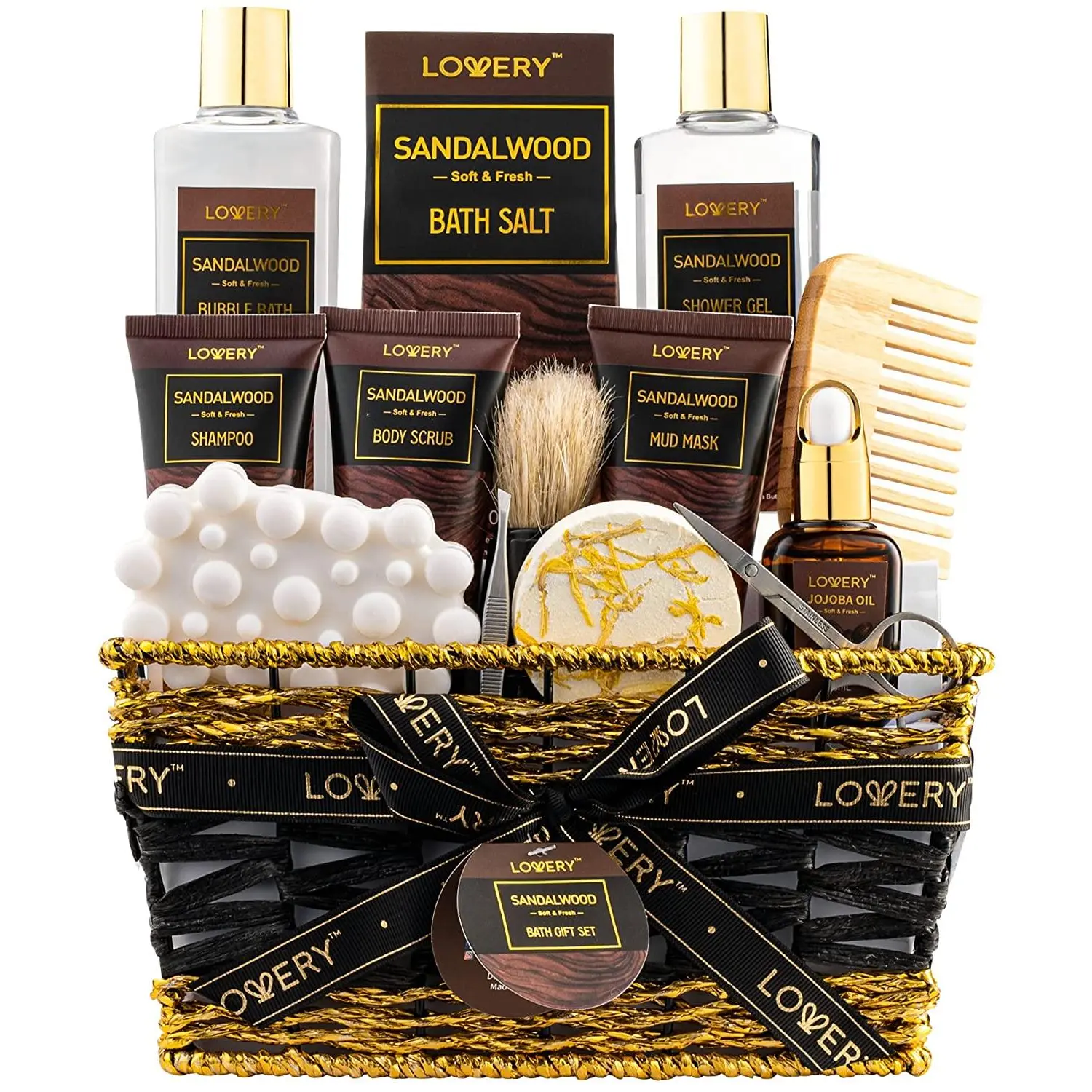 Sandalwood Bath Gift Set - 14Pc Beard Grooming Kit Body Care Brush Jojoba Moisturizing Nourishing