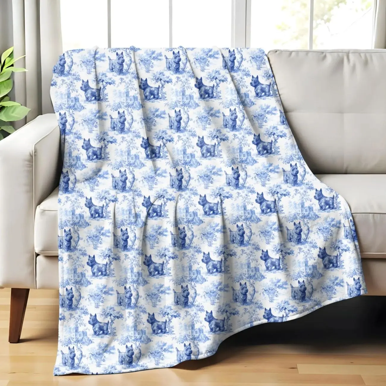Scottish Terrier Blue Toile Blanket, Vintage Style French Toile Throw for Scottie Lovers Cozy Dog Chinoiserie Elegant French Country Bedding