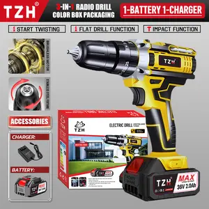 TZH Cordless Drill Tool Set 36V Electric Power Drill with 2.0Ah Lithium-ion Battery Charger USB Type-C Rechargeable Portable All-in-One DIY Home Toolbox Kit