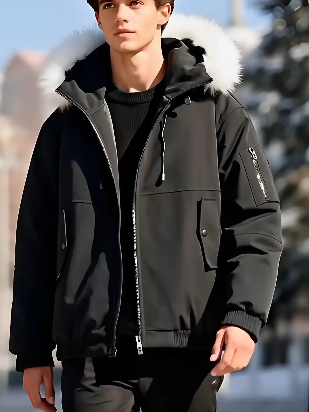 Men's Black Puffer Jacket with Faux Fur Hood Oversized Warm Winter Outdoor Outerwear for Cold Weather Adventures