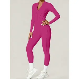 Women's Autumn Winter Zipper Long Sleeve Yoga Jumpsuit, Backless Tight-Fit Sports Bodysuit, Casual Plain Above Ankle Fit