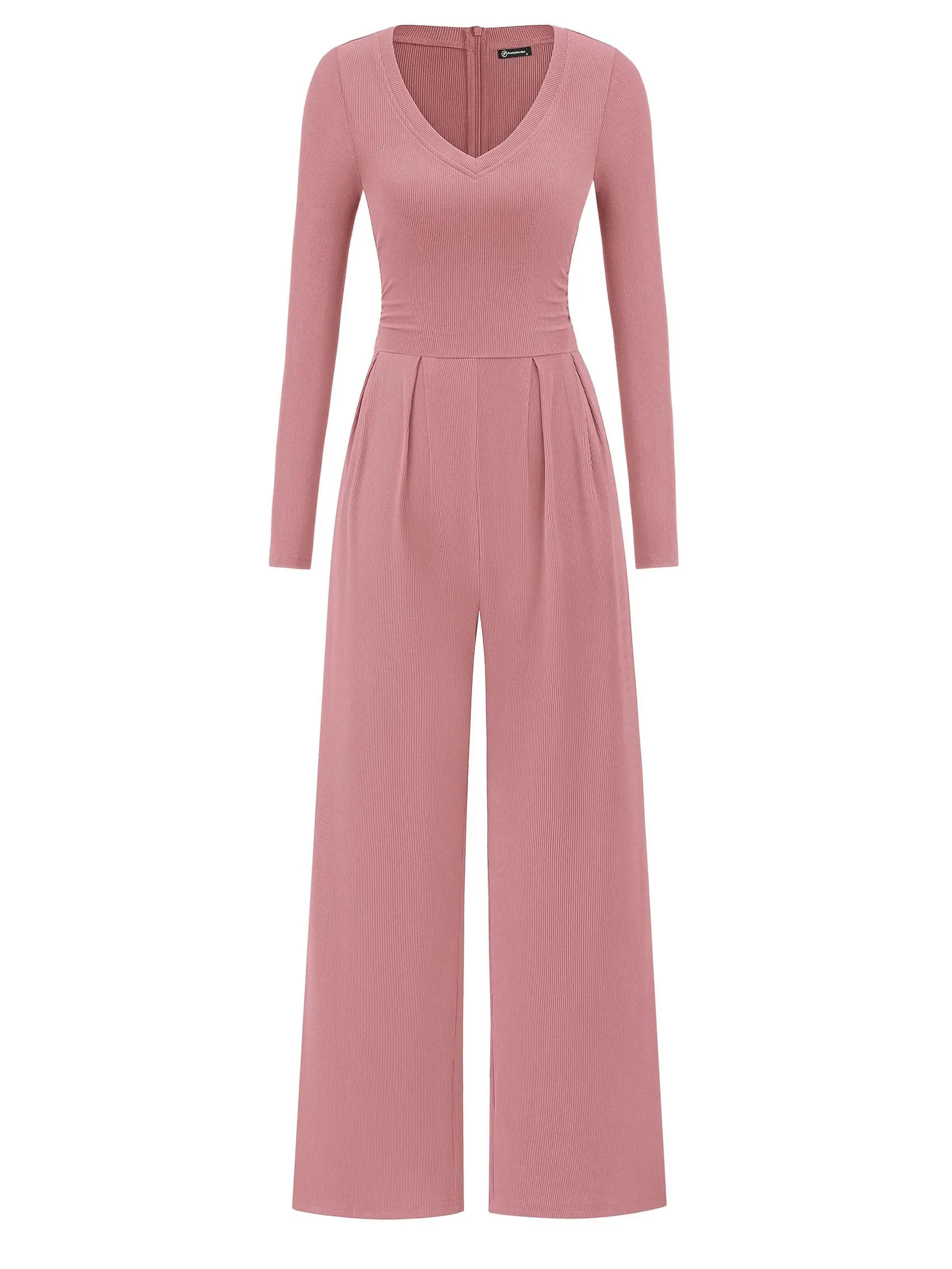 PRETTYGARDEN Women's Fall Jumpsuits 2026 Long Sleeve Ribbed Knit Deep V Neck Stretchy Wide Leg One Piece Outfits with Pockets