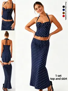 Two-Piece Set, Polka Dot, Summer New Fashion Chic Sexy Backless V-Neck Halter Top High Waist Long Skirt, Retro Style