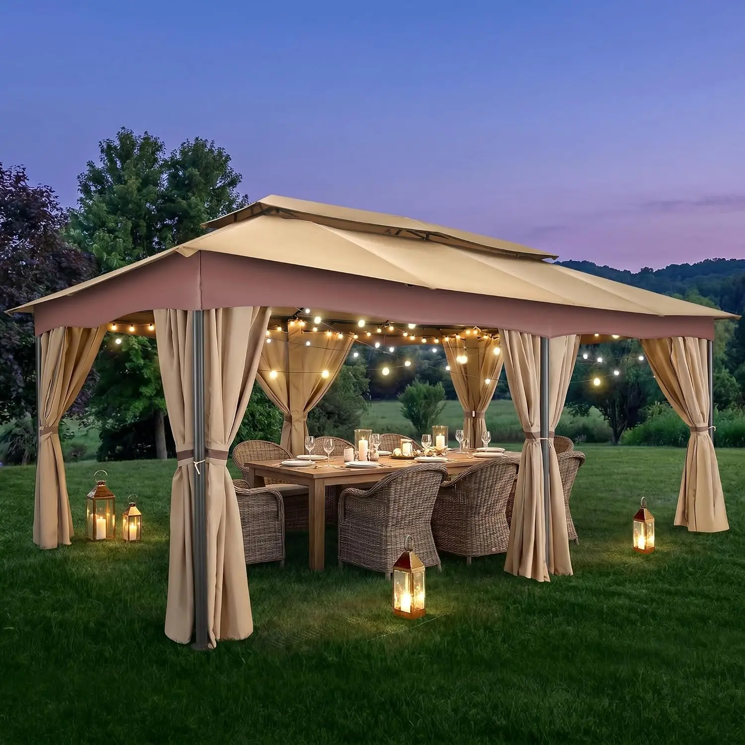 COBIZI 12’ x 20’ Heavy-Duty  Outdoor Gazebo with Winter Curtains, Dual-Roof Design with Metal Frame, Suitable for Patios and Decks