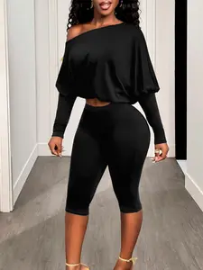 New Summer Women's Casual Chic Batwing Sleeve Top Mid-Length Pants Set, Women's Casual Outfit, Women's Two-Piece Set, Summer Outfits, Suitable for Daily Wear, Outings, and Casual Parties