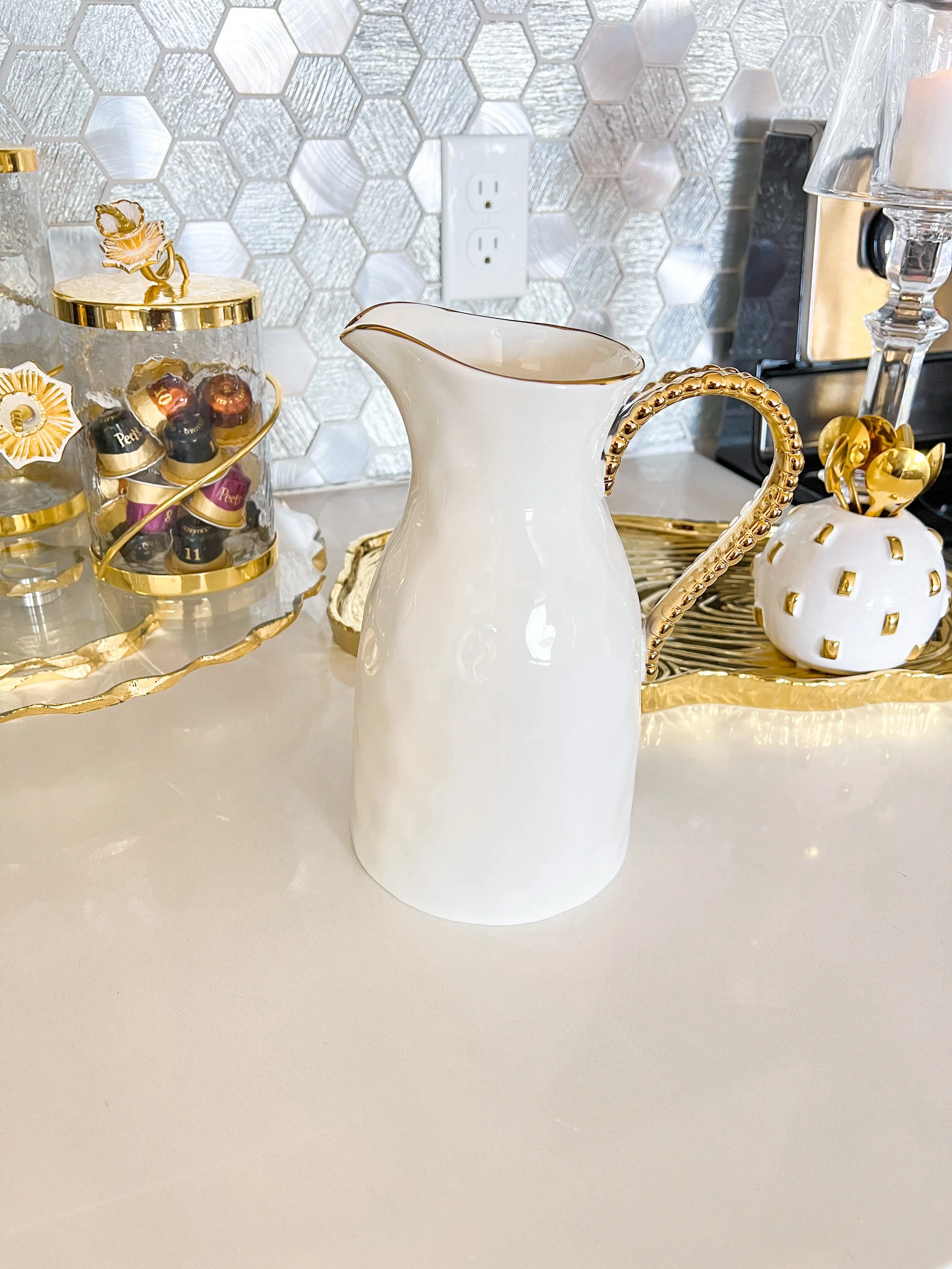 Gold Beaded Ceramic Pitcher Gold Beaded Ceramic Pitcher
