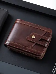 SCHLATUM Grain Cowhide RFID Blocking Genuine Leather Horizontal Zipper Wallet, Retro and High End Men's Short  Style Travel Wallet, Durable Wallet