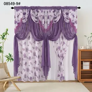 Curtain 2 pcs Model 08549-9# Purple and White Design with Floral Patterns and Black Hardware