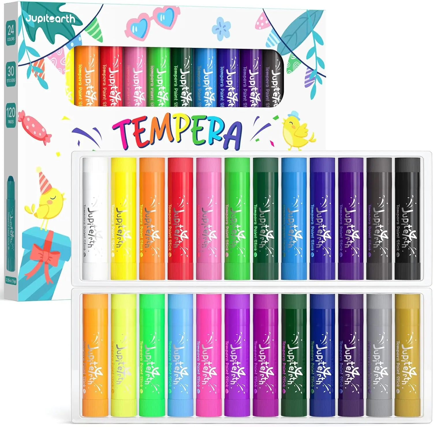 JUPITEARTH 24-Color Tempera Paint Sticks for Kids with 120 PDF Coloring Pages, 30 Stickers - Quick-Drying, Smooth, Non-Toxic, Washable for Pumpkin, Wood Drawing