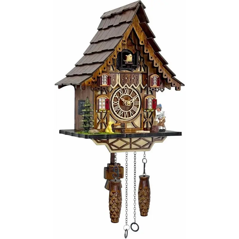 Antique German Black Forest Solid Wood House-Shape Pendulum Cuckoo Analog Clock - Handcrafted Carving Wall Mount, 12 Melodies, Adjustable Volume, Night Mode, Quartz Movement, 1x User Manual, Father's Day Gift, 8.75x23in Rustic Home Supply