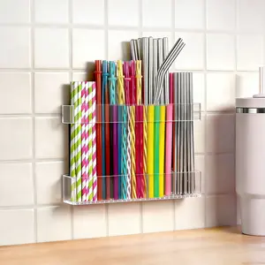 Adjustable 2-Part Acrylic Straw Holder, 9.8 Inch Clear Storage Organizer for Cabinet Door & Kitchen Drawer, Ultra Strong Sticky Adhesive, Space-Saving Compact Solution, Multifunctional Transparent Organizer for Straws, Utensils & Small Kitchen Accessories