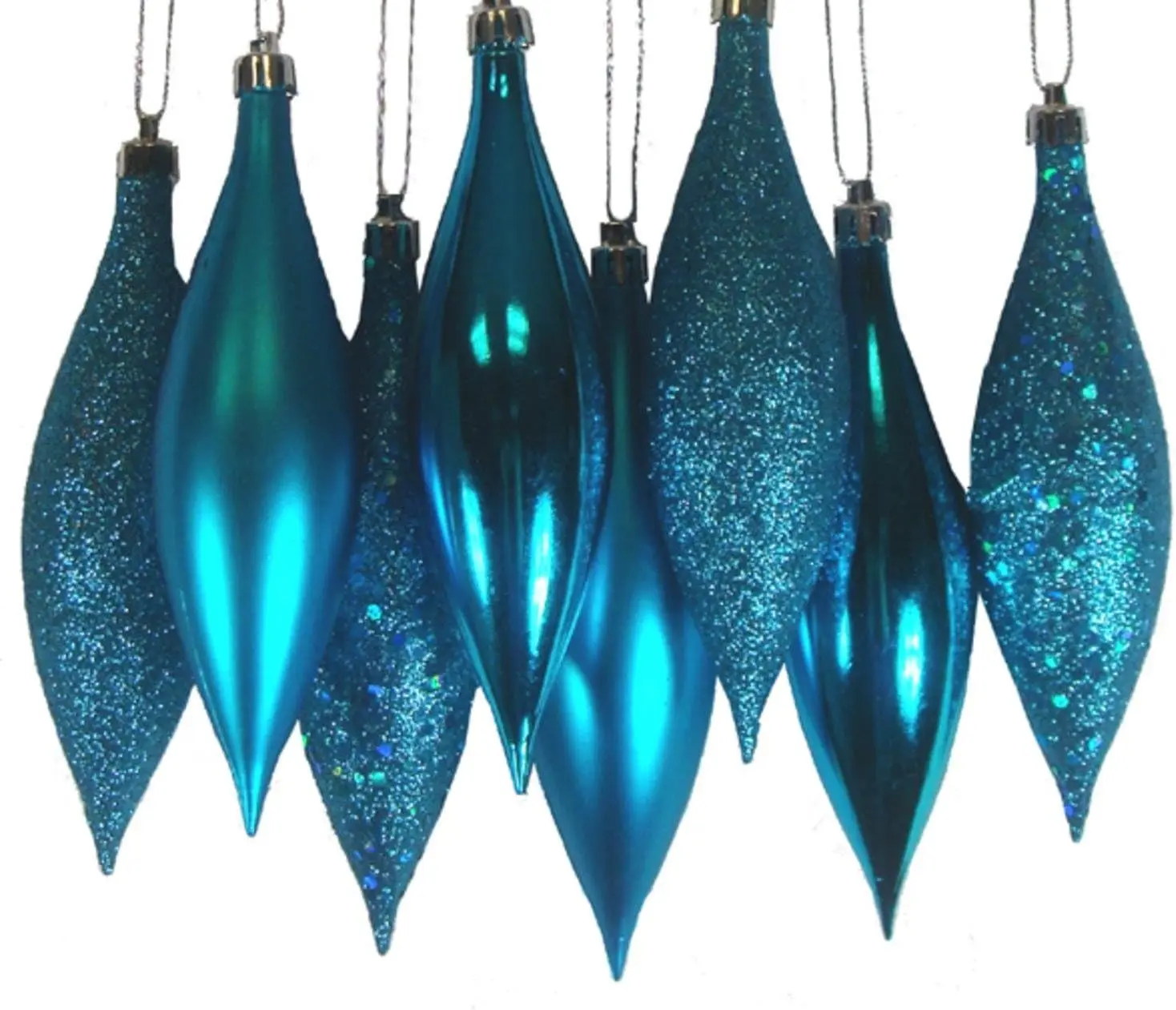 8ct Turquoise Blue Sequin Shatterproof 4-Finish Finial Drop Plastic Christmas Decor Ornaments, 5.5in Metal Pack with Storage Box
