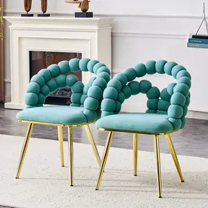 Velvet Dining Chair Set of 2 Puffy Bubble Chair Ball Chain Chair with Gold Legs, Modern Upholstered Accent Chairs for Dining Room & Kitchen